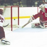 Take a Shot: Senior Blair Riley (#25) shoots for a goal during Friday’s game against Ohio State. Riley earned his second career hat trick, scoring his first goal about five minutes into the game. Ferris came out victorious with a score of 8-1 on Friday and 6-5 in overtime on Saturday, bringing their record for home games to 8-0-0. Photo By: Kate Dupon | Photographer