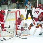 Shut Down: Goalie Pat Nagle and left wing Kyle Bonis stopped a Nebraska-Omaha forward from scoring in last Friday’s home game. The bulldogs later went on to defeat Nebraska-Omaha 3-1. Photo courtesy of Ed Hyde | Ferris State Athletics