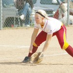 Softball: Ferris sophomore Makenzi Peterson stands ready at third base as a Northwood opponent steps up to bat at last week’s game. The Bulldogs lost 2-1 against the Timberwolves, but picked up two wins against Saginaw Valley and another against Wayne State this weekend. Photo By: Kristyn Sonnenberg | Photo Editor