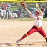 Trail of Strikes: Senior Kayle Stevenson pitches against Grand Valley during last week’s game giving away only three hits and helping the team toward a final 2-0 triumph. Photo By: Kristyn Sonnenberg | Photo Editor
