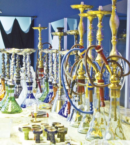 Hookah Lounge: Pictured above is a collection of hookah pipes at Cleopatra’s Lounge, the new hookah lounge in downtown Big Rapids. They offer many flavors, including fuzzy navel and watermelon. Photo By: Kate Dupon | Photographer