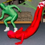 Halloween Festivities: Joe Nodge and Steve Jones sport green and red man suits recognizable from the TV show It’s Always Sunny in Philadelphia. Photo By: Brock Copus | Photographer