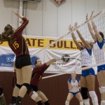 Season Victory: Danielle Hamilton and Anne Sutton work together to gain a point against Lake Superior State. The Bulldogs defeated Lake Superior 3-2, bringing the record to 17-9 for the 2010 season. Photo By: Kate Dupon | Photo Editor