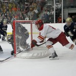 Season Ending: Freshman Cory Kane attempts to score during the Bulldogs’ Feb. 18 game against Notre Dame. The Bulldogs fell to Western Michigan in the CCHA Quarterfinals, eliminating them from the CCHA Tournament. Photo By: Brock Copus | Photographer