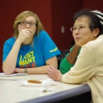 Working Together: FSU student Sarah Jo Walter and professor Thuy Karafa, above, work as a part of a team during a Global Reflections meeting centered around “Ubuntu,” which means corporation. Photo By: Kate Dupon | Photo Editor